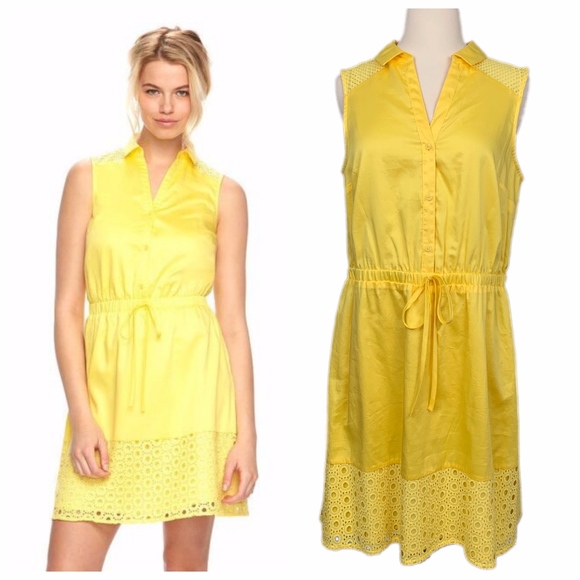 ELLE Shirtdress Eyelet Lace Sleeveless Lined Summer Goldfinch Yellow - Picture 2 of 9